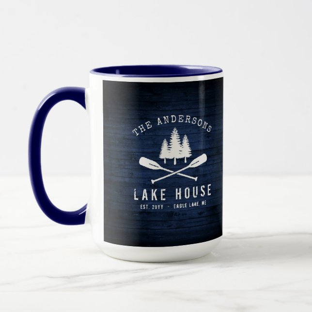 Rustic Lake House Oars Trees Blue Wood Print Large Mug (Left)
