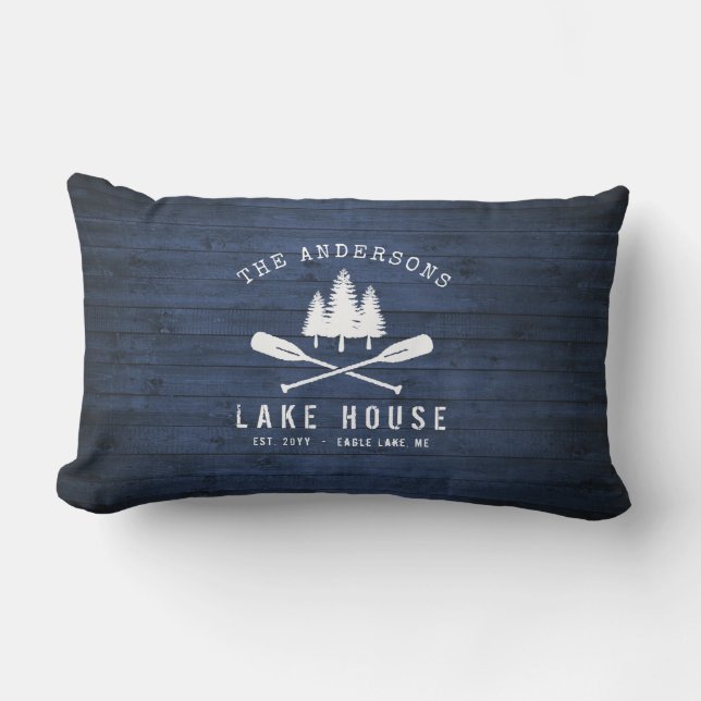 Rustic Lake House Oars Trees Blue Wood Print Patio Lumbar Cushion (Front)