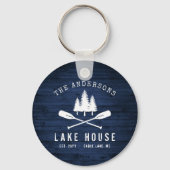 Rustic Lake House Oars Trees Blue Wood Print Round Key Ring (Front)