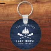 Rustic Lake House Oars Trees Blue Wood Print Round Key Ring (Front)