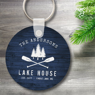 Rustic Lake House Oars Trees Blue Wood Print Round Key Ring