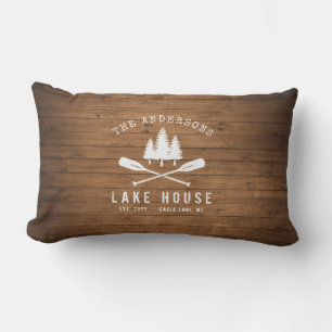 Rustic Lake House Oars Trees Wood Plank Print Lumbar Cushion