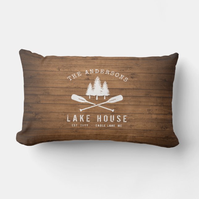 Rustic Lake House Oars Trees Wood Plank Print Lumbar Cushion (Front)