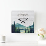 Rustic Lake House Themed | Family Name Square Wall Clock<br><div class="desc">Add a stylish & trendy look to your home or office with our rustic mountain clock. Add your custom wording to this design by using the "Edit this design template" boxes on the right hand side of the item, or click the blue "Customise it" button to arrange the text, change...</div>
