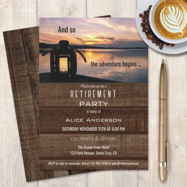 Rustic Lake Lantern Sunset Retirement Party Invitation (Creator Uploaded)