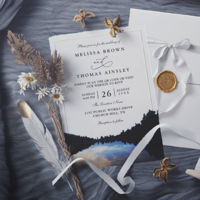 Rustic Lake Reflections Lakeside QR Code Wedding Invitation (Creator Uploaded)