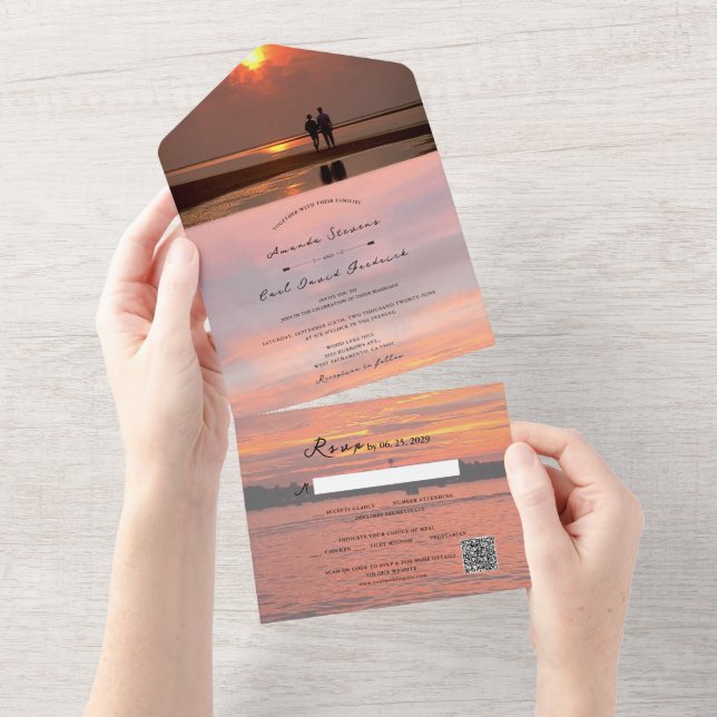Rustic Lake Sunset Lakeside + Your Photo Wedding All In One Invitation (Tearaway)