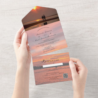 Rustic Lake Sunset Lakeside + Your Photo Wedding All In One Invitation