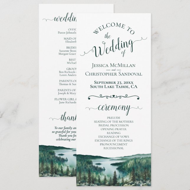 Rustic Lake Tahoe Watercolor Landscape Wedding Programme (Front/Back)