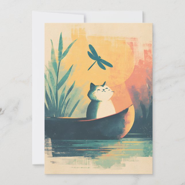 Rustic Lake Vintage Cat Adventure Holiday Card (Front)
