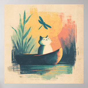 Rustic Lake Vintage Cat Adventure Poster