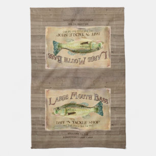 Rustic Lakeside Cabin Large Mouth Bass Fishing Tea Towel