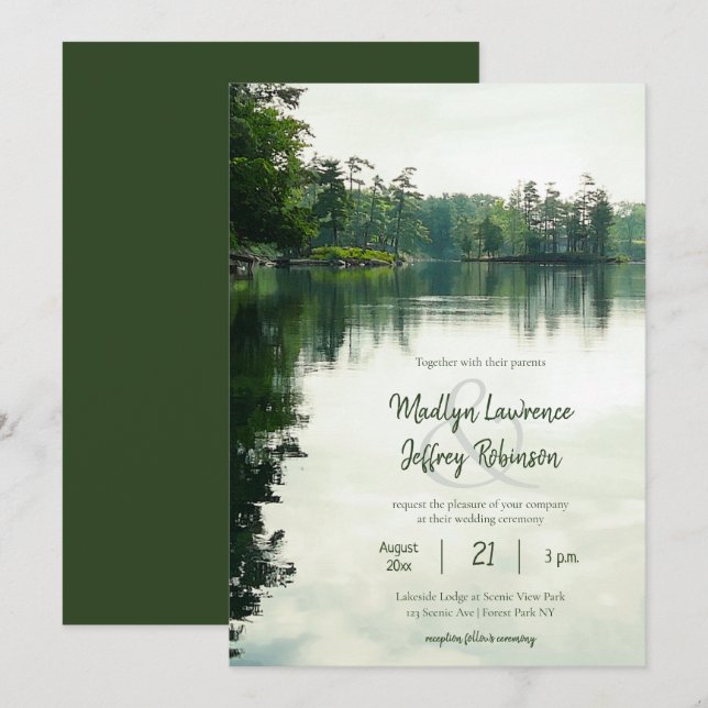 Rustic lakeside evergreens reflection wedding invitation (Front/Back)