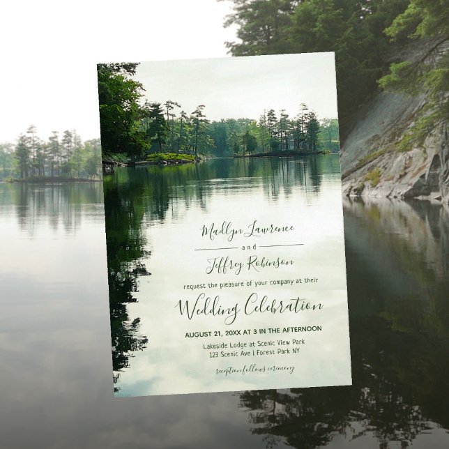 Rustic lakeside evergreens reflection wedding invitation (Creator Uploaded)