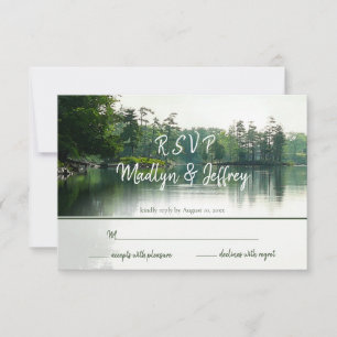 Rustic lakeside evergreens reflection wedding rsvp card