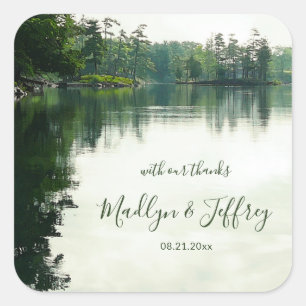 Rustic lakeside evergreens reflection wedding square sticker
