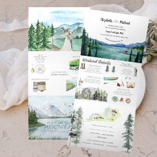 Rustic Lakeside Mountain   Illustrated Wedding Tri-Fold Invitation