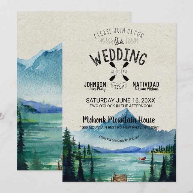 Rustic Lakeside Mountain Wedding Invitation (Front/Back)