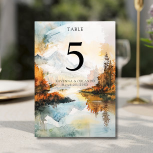 Rustic Landscape Mountain Lake Fall Wedding Table Number