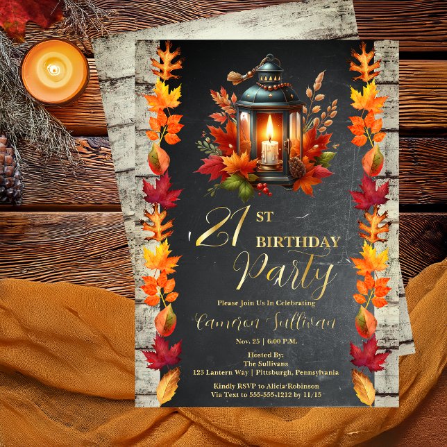 Rustic Lantern and Leaves Fall 21st Birthday Party (Rustic Elegance Lantern and Leaves Fall | Autumn 21st Birthday Party Foil Invitation)
