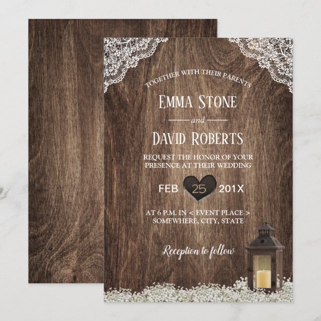 Rustic Lantern & Baby's Breath Laced Wood Wedding Invitation (Front/Back)