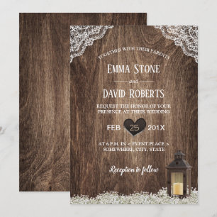 Rustic Lantern & Baby's Breath Laced Wood Wedding Invitation