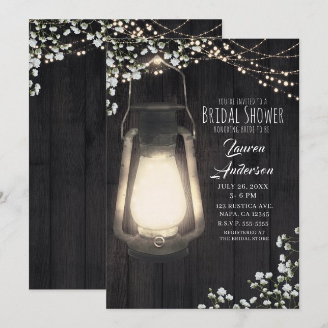 Rustic Lantern Baby's Breath Lights Bridal Shower Invitation (Front/Back)