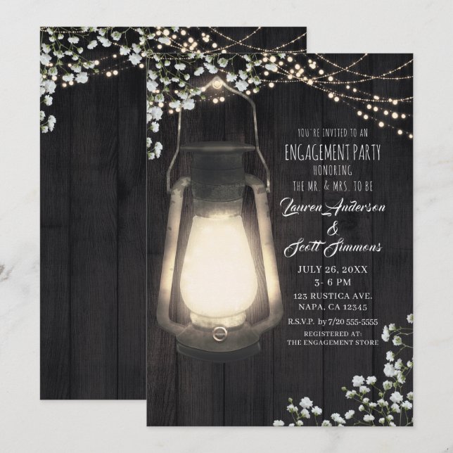Rustic Lantern Baby's Breath Lights Engagement Invitation (Front/Back)