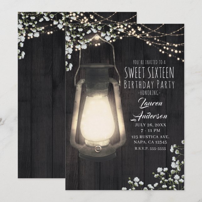 Rustic Lantern Baby's Breath Lights Sweet 16 Party Invitation (Front/Back)