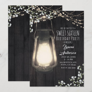 Rustic Lantern Baby's Breath Lights Sweet 16 Party Invitation
