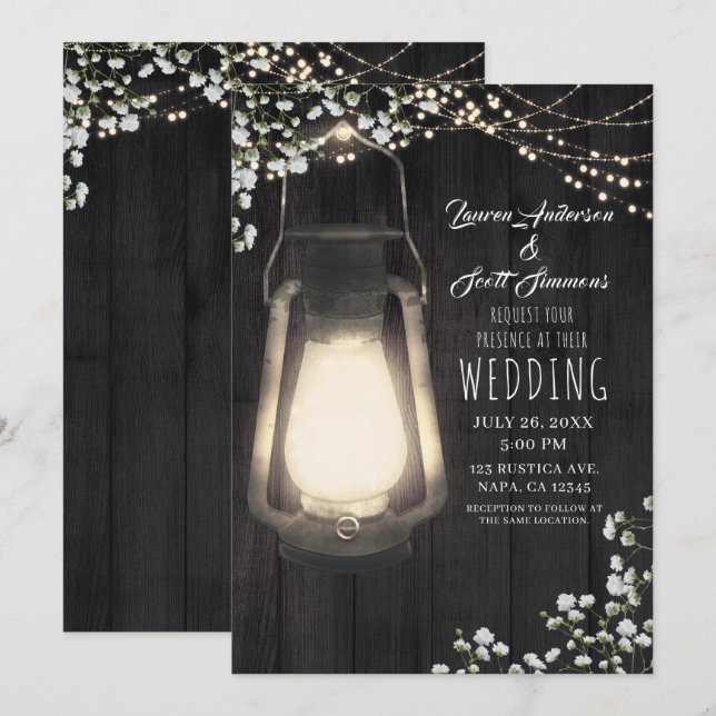 Rustic Lantern Baby's Breath & Lights Wedding Invitation (Front/Back)