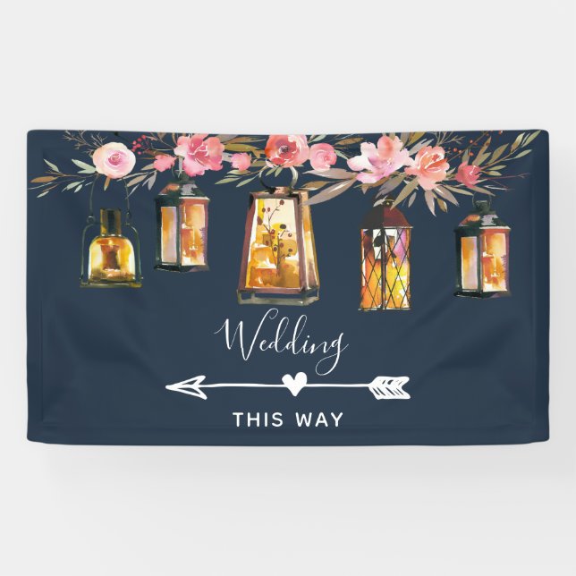 Rustic Lantern Blue Coral Wedding Directional Banner (Horizontal)