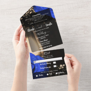 Rustic Lantern & Blue Roses Wedding + RSVP  All In One Invitation