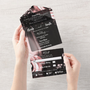 Rustic Lantern & Blush Pink Roses Wedding + RSVP All In One Invitation