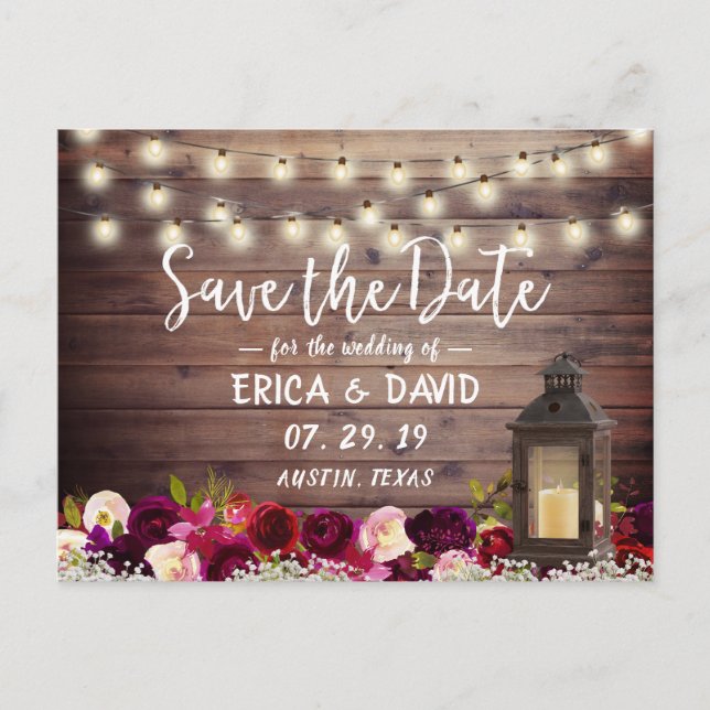 Rustic Lantern Burgundy Floral Barn Save the Date Announcement Postcard (Front)