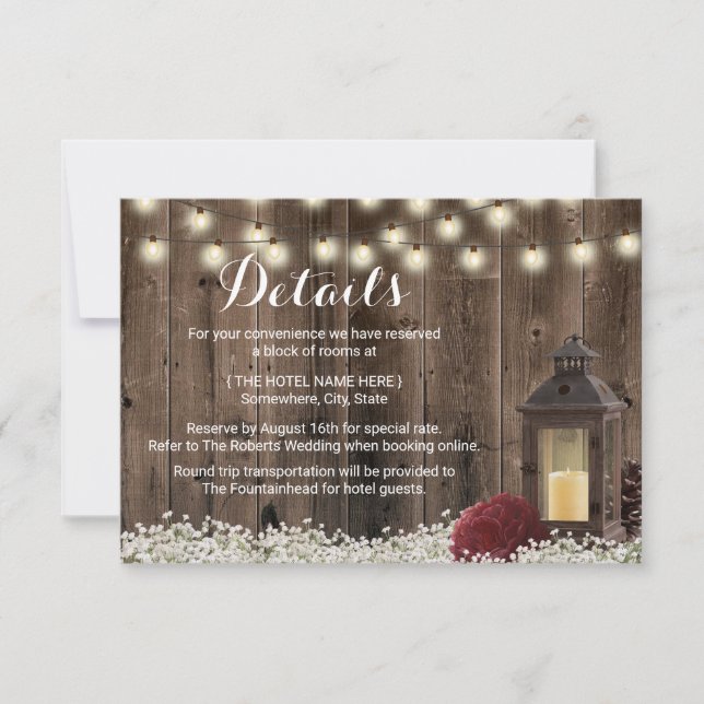 Rustic Lantern & Burgundy Flower Wedding Details Invitation (Front)