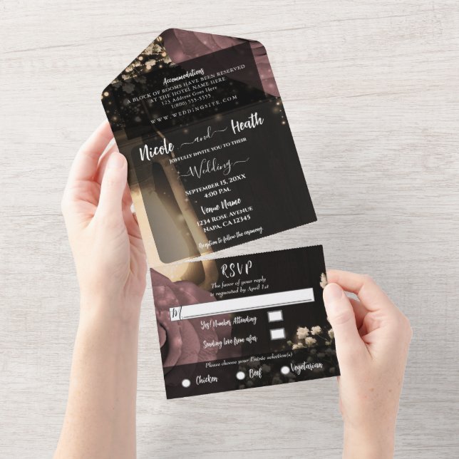 Rustic Lantern Dusty Pink Mauve Roses Wedding  All In One Invitation (Tearaway)