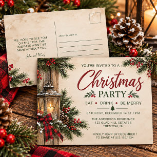 Rustic Lantern Evergreens Berries Christmas Party Invitation Postcard