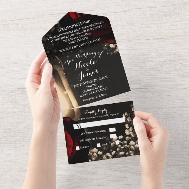 Rustic Lantern & Glam Red Roses Wedding + RSVP   All In One Invitation (Tearaway)