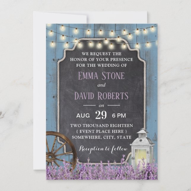 Rustic Lantern Lavender Floral Dusty Blue Wedding Invitation (Front)