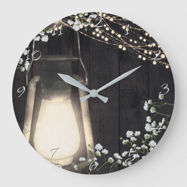 Rustic Lantern Light & Baby's Breath Floral Large Clock (Front)