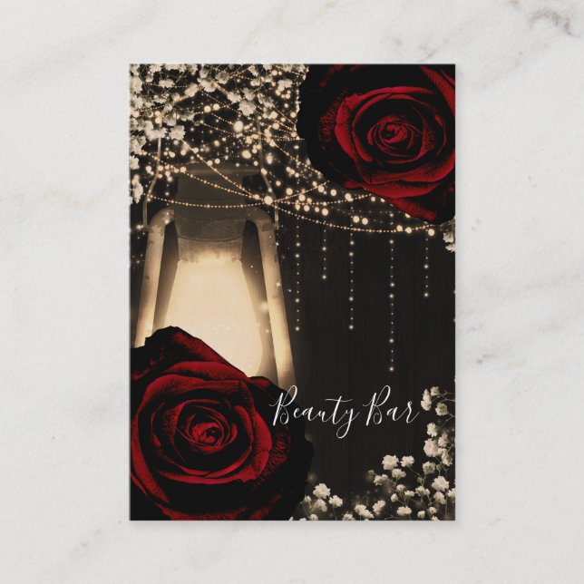 Rustic Lantern Light & Dark Red Roses Floral Glam Business Card (Front)