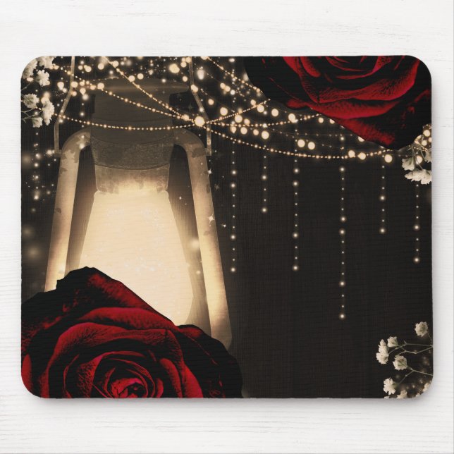 Rustic Lantern Light & Dark Red Roses Floral Glam Mouse Mat (Front)