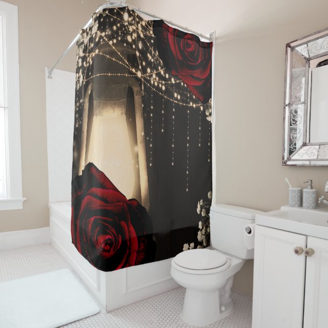 Rustic Lantern Light & Dark Red Roses Floral Glam Shower Curtain (In Situ)