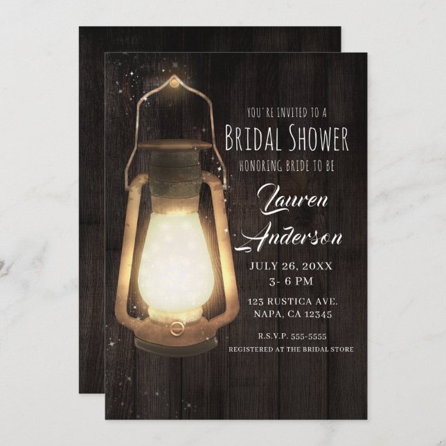 Rustic Lantern Lights Barn Wood Bridal Shower Invitation (Front/Back)