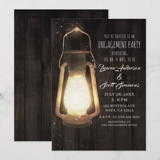 Rustic Lantern Lights Barn Wood Engagement Party Invitation (Front/Back)