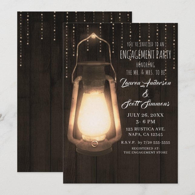 Rustic Lantern & Lights Barn Wood Engagement Party Invitation (Front/Back)