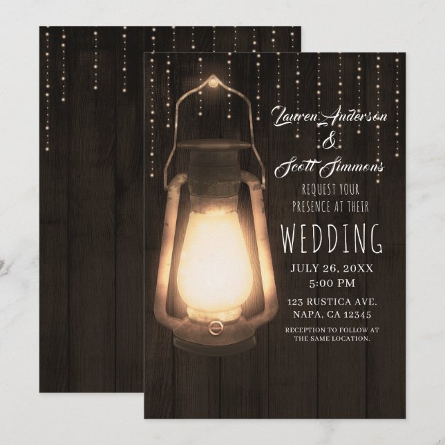 Rustic Lantern & Lights Brown Barn Wood Wedding Invitation (Front/Back)