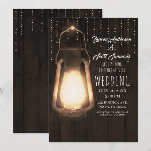 Rustic Lantern & Lights Brown Barn Wood Wedding Invitation