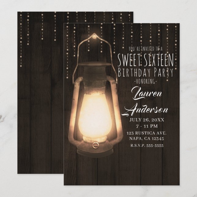 Rustic Lantern & Lights Brown Wood Sweet 16 Party Invitation (Front/Back)